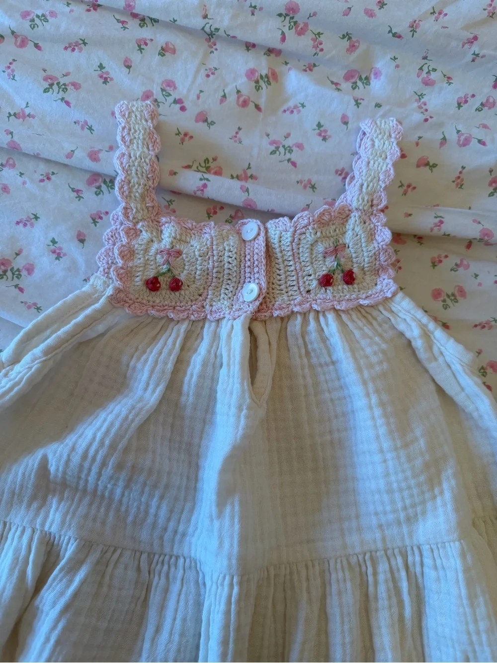WILD WAWA Crochet Ivory Cherry Girls Dress 5-6Y